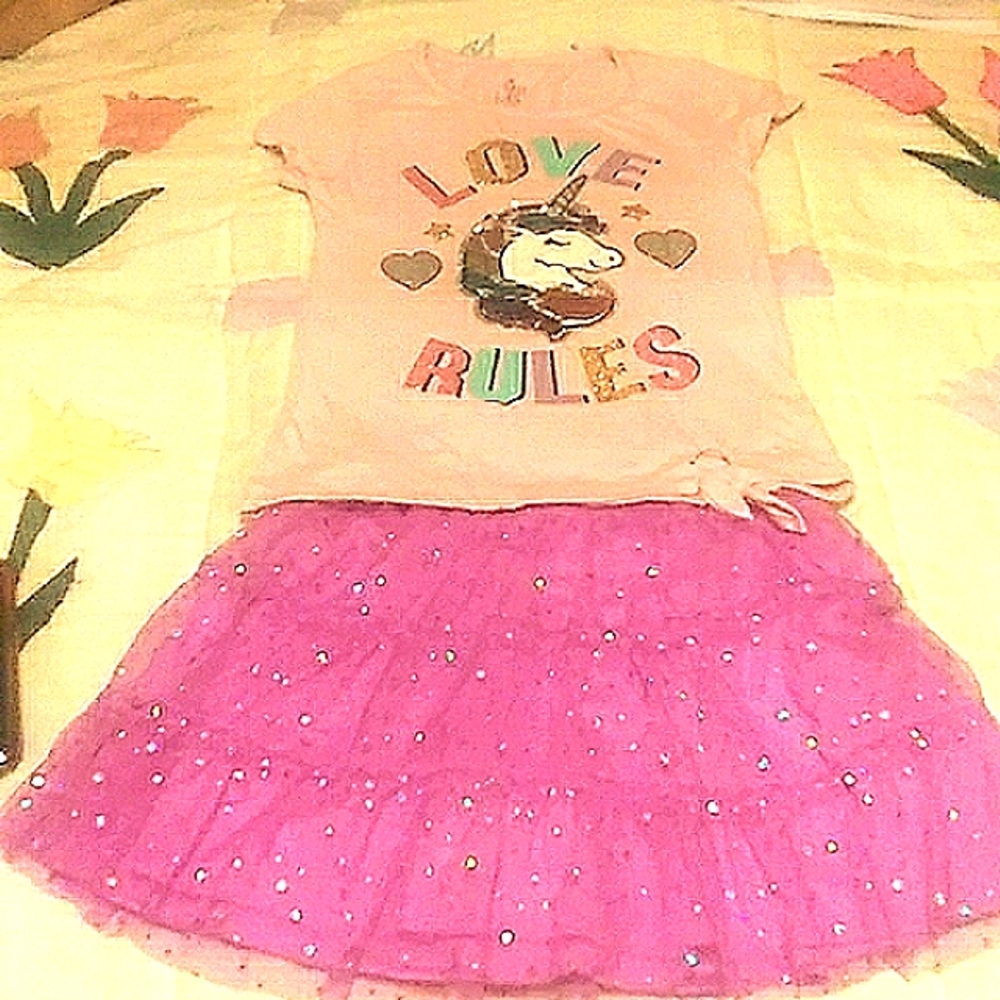 Pink and purple blingy, girls' Shirt and skirt set size 7/8
